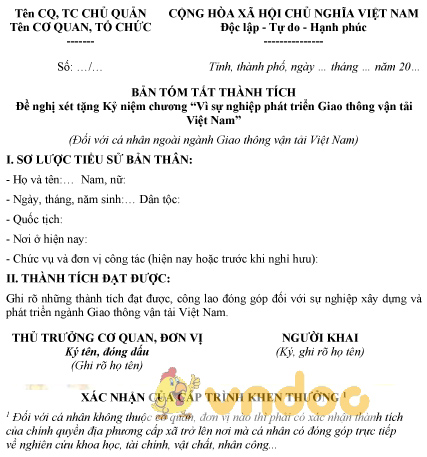 Mẫu bản tóm tắt thành tích dành cho cá nhân ngoài ngành Giao thông vận tải