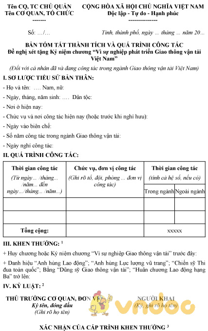 Mẫu bản tóm tắt thành tích đề nghị xét tặng Kỷ niệm chương Vì sự nghiệp phát triển giao thông