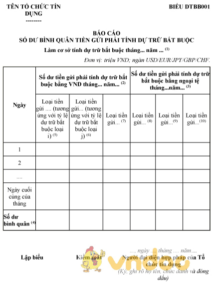 Mẫu báo cáo số dư bình quân tiền gửi phải tính dự trữ bắt buộc