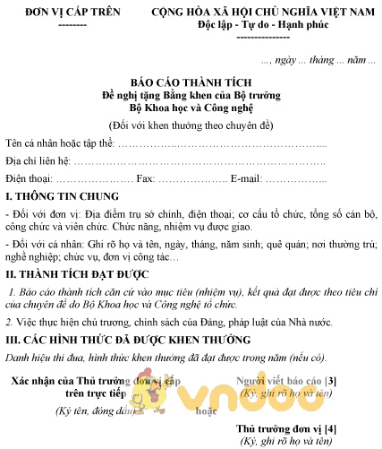 Mẫu báo cáo thành tích đề nghị tặng Bằng khen của BKHCN đối với khen thưởng theo chuyên đề
