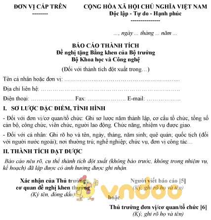Mẫu báo cáo thành tích của cá nhân đề nghị tặng Kỷ niệm chương “Vì sự nghiệp Khoa học và Công nghệ”