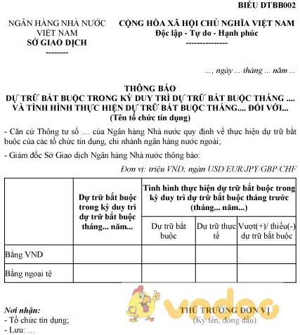 Mẫu thông báo dự trữ bắt buộc trong kỳ duy trì dự trữ bắt buộc