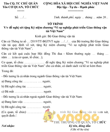Mẫu tờ trình đề nghị xét tặng Kỷ niệm chương Vì sự nghiệp phát triển giao thông