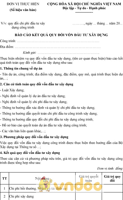 Mẫu báo cáo kết quả quy đổi vốn đầu tư xây dựng