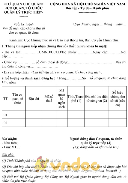 Mẫu đề nghị cấp chứng thư số cho các cơ quan, tổ chức của Cơ quan, tổ chức quản lý trực tiếp