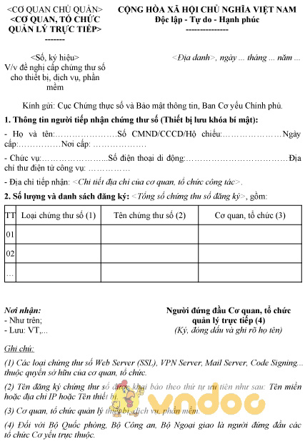 Mẫu đề nghị cấp chứng thư số cho thiết bị, dịch vụ, phần mềm của Cơ quan, tổ chức quản lý trực tiếp