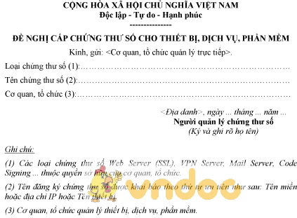Mẫu đề nghị cấp chứng thư số cho thiết bị, dịch vụ, phần mềm của người được cơ quan, tổ chức giao quản lý