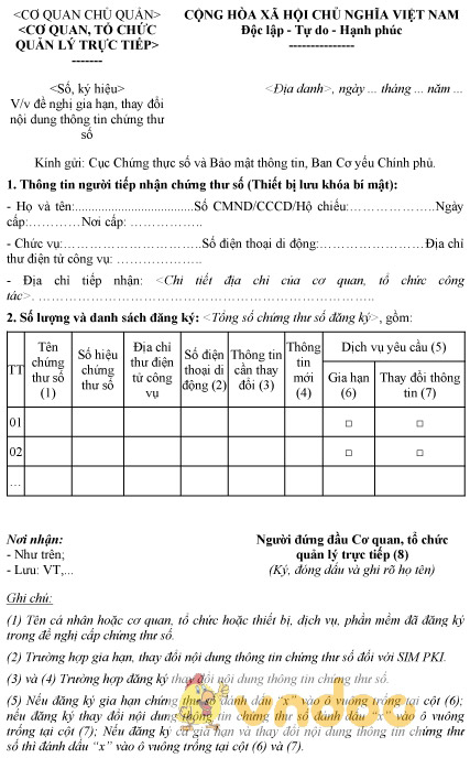 Mẫu đề nghị gia hạn, thay đổi thông tin chứng thư số các Thuê bao của Cơ quan, tổ chức quản lý trực tiếp