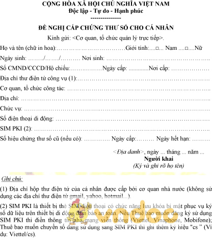 Mẫu văn bản đề nghị cấp chứng thư số của cá nhân
