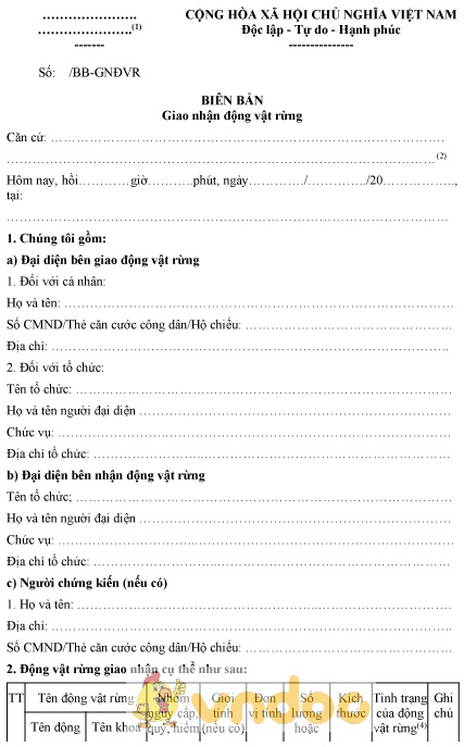 Mẫu biên bản giao nhận động vật rừng