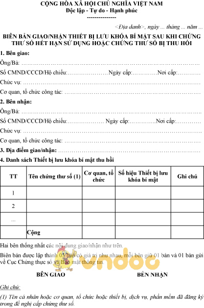 Mẫu biên bản giao, nhận thiết bị lưu khóa bí mật