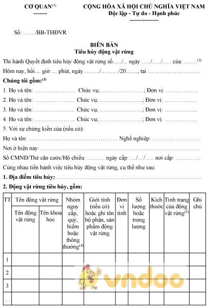 Mẫu biên bản tiêu hủy động vật rừng