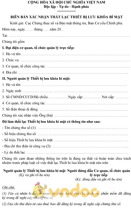 Mẫu biên bản xác nhận thất lạc thiết bị lưu khóa bí mật