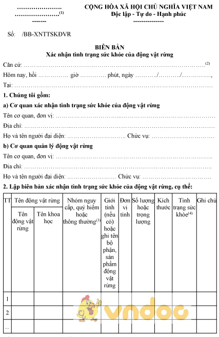 Mẫu biên bản xác nhận tình trạng sức khỏe của động vật rừng