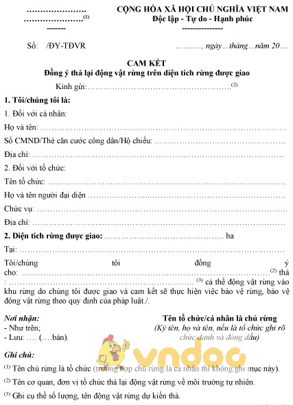 Mẫu cam kết đồng ý thả lại động vật rừng trên diện tích rừng được giao