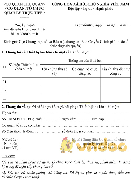 Mẫu đề nghị khôi phục thiết bị lưu khóa bí mật cho các Thuê bao của Cơ quan, tổ chức