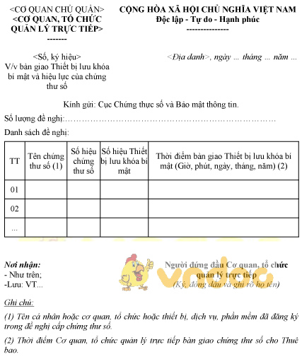 Mẫu văn bản bàn giao thiết bị lưu khóa bí mật cho thuê bao