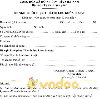 Mẫu văn bản đề nghị khôi phục thiết bị lưu khóa bí mật của Thuê bao