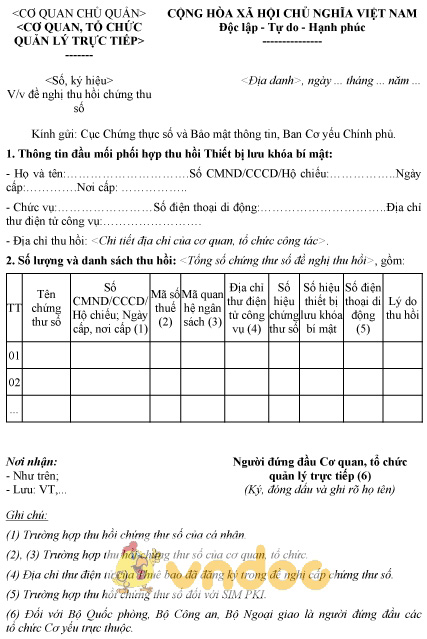 Mẫu văn bản đề nghị thu hồi chứng thư số cho các Thuê bao của Cơ quan, tổ chức