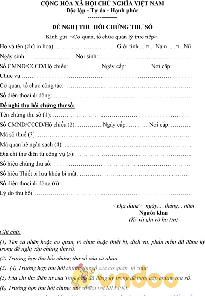 Mẫu văn bản đề nghị thu hồi chứng thư số của Thuê bao