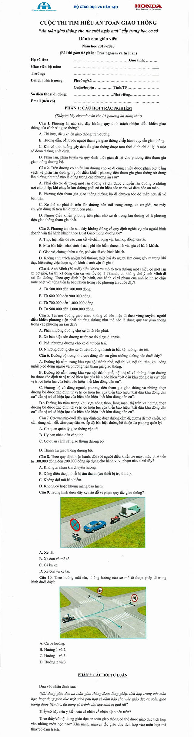 Đáp án an toàn giao thông cho nụ cười ngày mai giáo viên THCS 2020