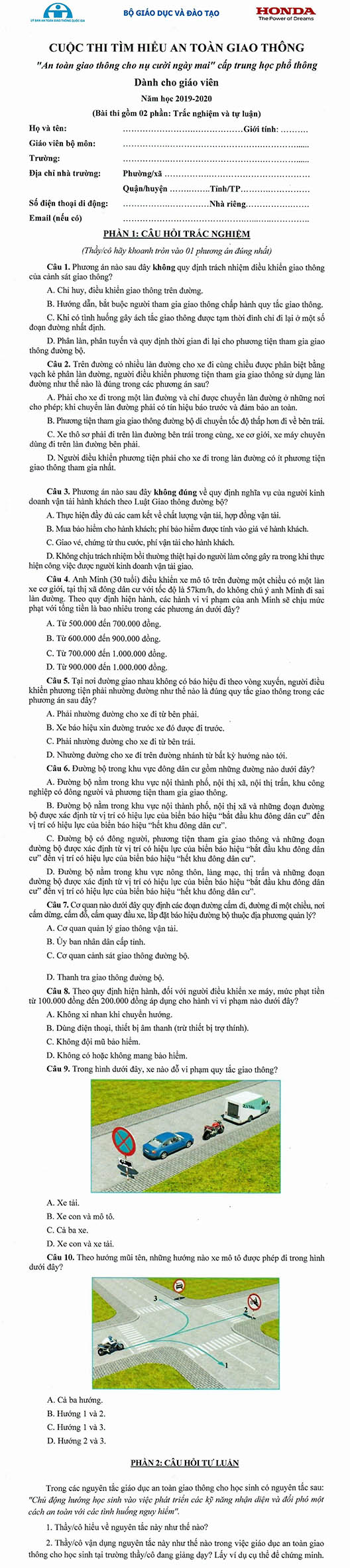Đáp án an toàn giao thông cho nụ cười ngày mai giáo viên THPT 2020