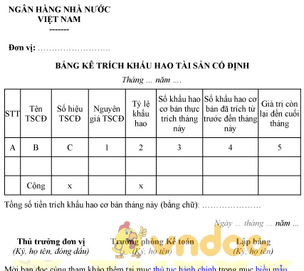 Mẫu bảng kê trích khấu hao tài sản cố định của ngân hàng nhà nước
