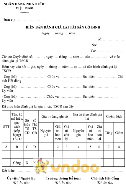 Mẫu biên bản đánh giá lại tài sản cố định