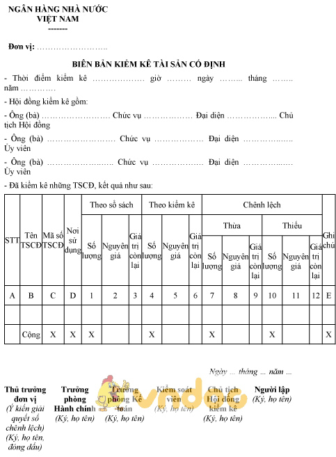 Mẫu biên bản kiểm kê tài sản cố định của ngân hàng nhà nước