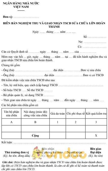 Mẫu biên bản nghiệm thu và giao nhận TSCĐ sửa chữa lớn hoàn thành của ngân hàng nhà nước