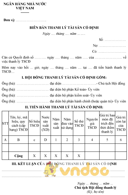Mẫu biên bản thanh lý tài sản cố định của ngân hàng nhà nước