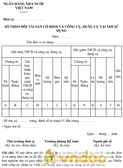 Mẫu sổ theo dõi TSCĐ và công cụ, dụng cụ tại nơi sử dụng của ngân hàng nhà nước