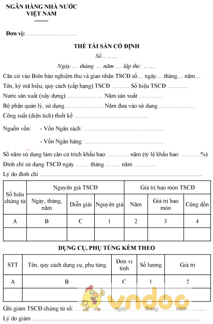 Mẫu thẻ tài sản cố định của ngân hàng nhà nước