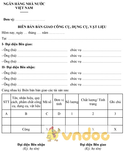 Mẫu biên bản bàn giao công cụ, dụng cụ, vật liệu của ngân hàng nhà nước