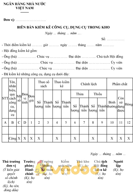 Mẫu biên bản kiểm kê công cụ, dụng cụ trong kho của ngân hàng nhà nước