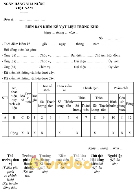 Mẫu biên bản kiểm kê vật liệu trong kho của ngân hàng nhà nước