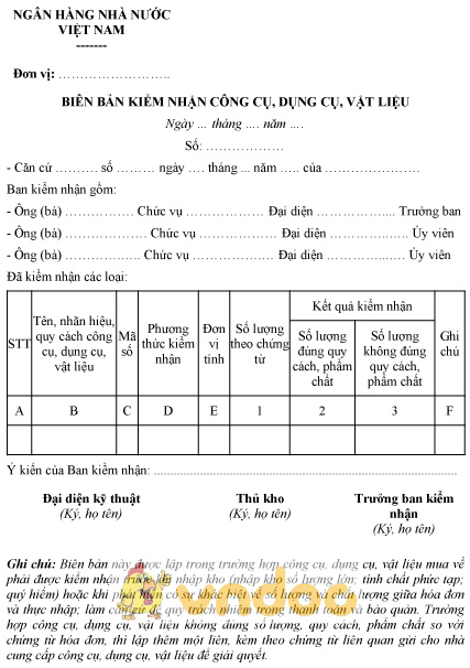 Mẫu biên bản kiểm nhận công cụ, dụng cụ, vật liệu