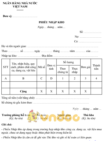 Mẫu phiếu nhập kho của ngân hàng nhà nước