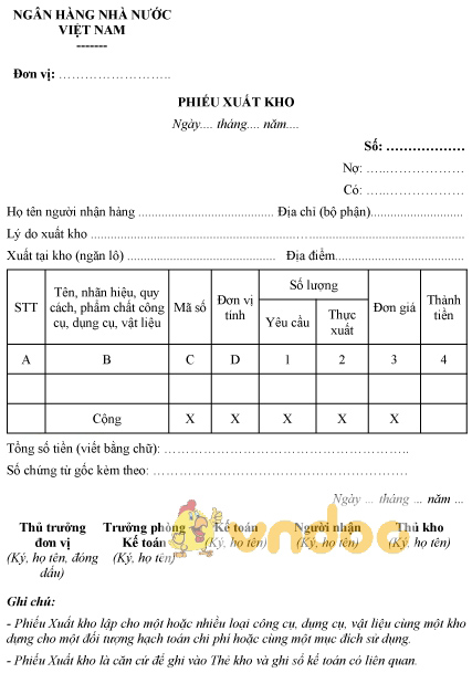 Mẫu phiếu xuất kho của ngân hàng nhà nước