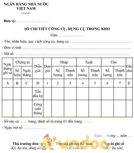 Mẫu sổ chi tiết công cụ, dụng cụ trong kho của ngân hàng nhà nước