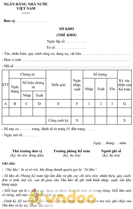 Mẫu sổ kho của ngân hàng nhà nước