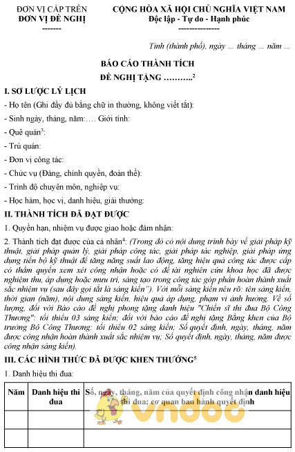 Mẫu báo cáo thành tích đề nghị tặng danh hiệu "Chiến sĩ thi đua Bộ Công Thương"