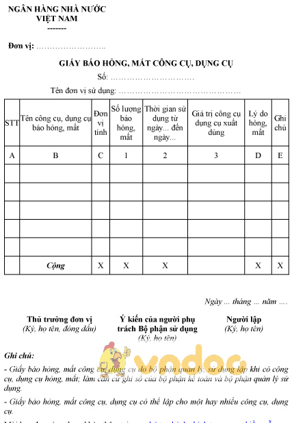 Mẫu giấy báo hỏng, mất công cụ, dụng cụ của ngân hàng nhà nước