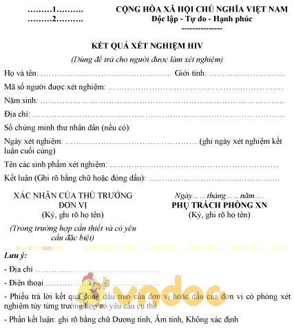 Mẫu kết quả xét nghiệm HIV bằng kỹ thuật huyết thanh học