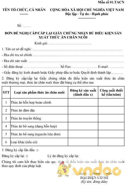 Mẫu số 01.TACN: Đơn đề nghị cấp, cấp lại GCN đủ điều kiện sản xuất thức ăn chăn nuôi