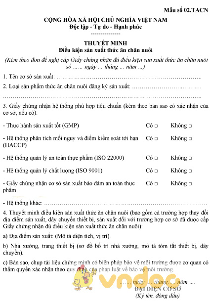 Mẫu số 02.TACN: Thuyết minh điều kiện sản xuất thức ăn chăn nuôi