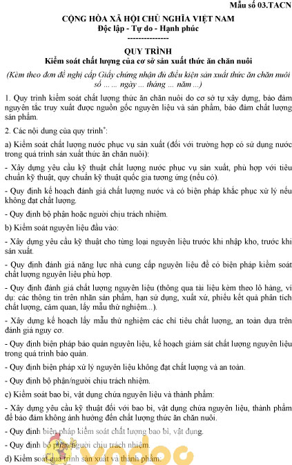 Mẫu số 03.TACN: Quy trình kiểm soát chất lượng của cơ sở sản xuất thức ăn chăn nuôi