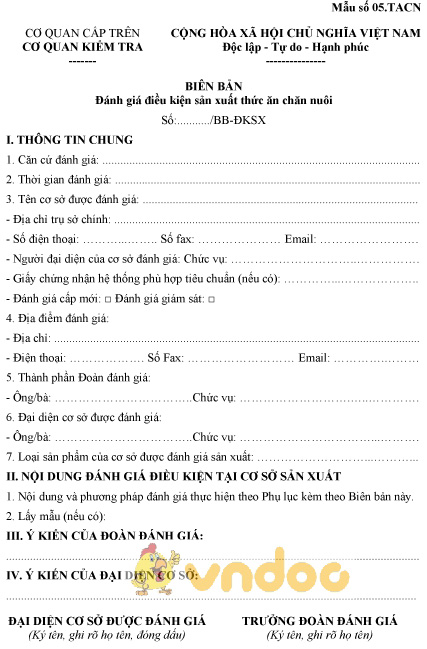 Mẫu số 05.TACN: Biên bản đánh giá điều kiện sản xuất thức ăn chăn nuôi
