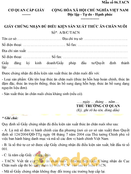 Mẫu số 06.TACN: Giấy chứng nhận đủ điều kiện sản xuất thức ăn chăn nuôi