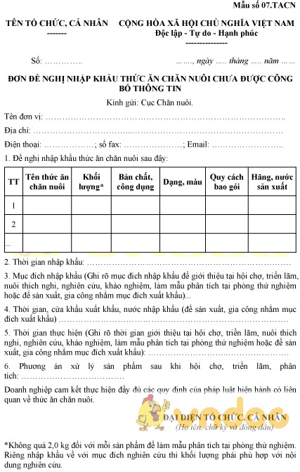 Mẫu số 07.TACN: Đơn đề nghị nhập khẩu thức ăn chăn nuôi chưa được công bố thông tin